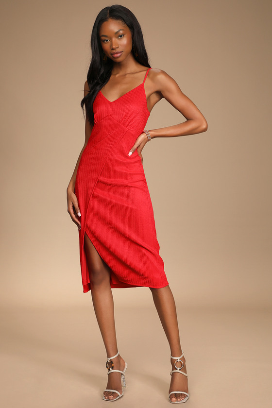 Bright Red Midi Dress - Tie-Back Dress ...